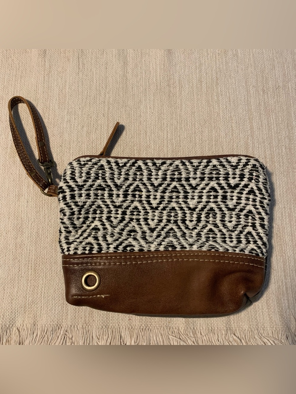 Myra Woven Black & White Wristlet with Brown Leather Trim